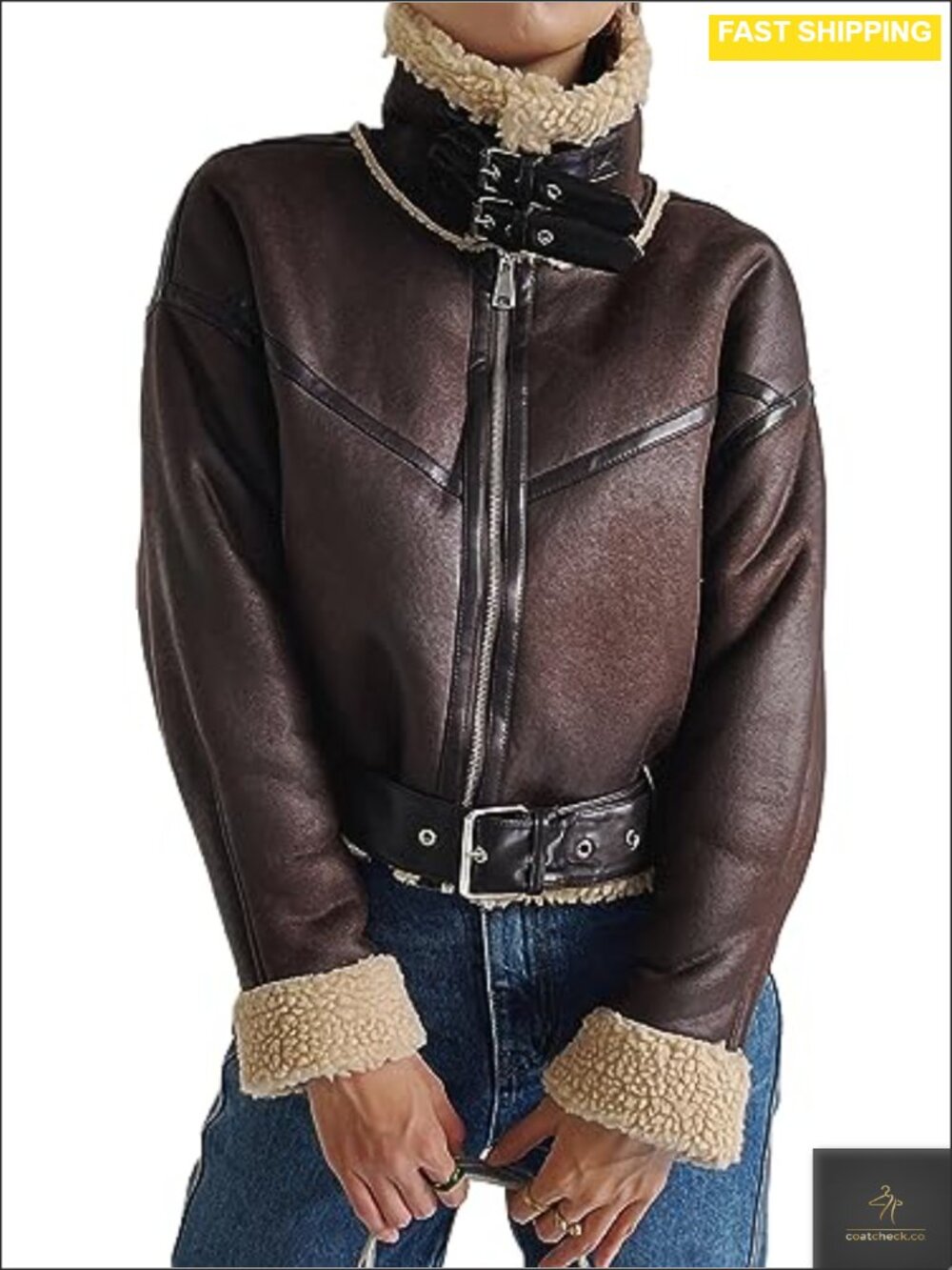 Faux Leather Sherpa Lined Aviator Bomber Jacket Cropped Oversized Coat